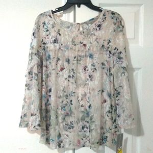 Valerie Stevens  women's sheer boho floral print, Bell sleeve scoop neck tops  L